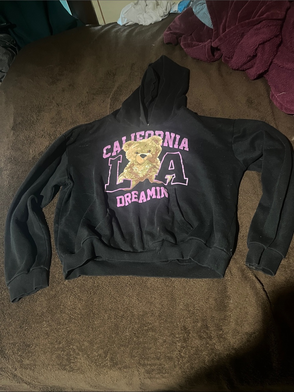 No Boundaries Black Hoodie with Pink California LA Teddy Graphic